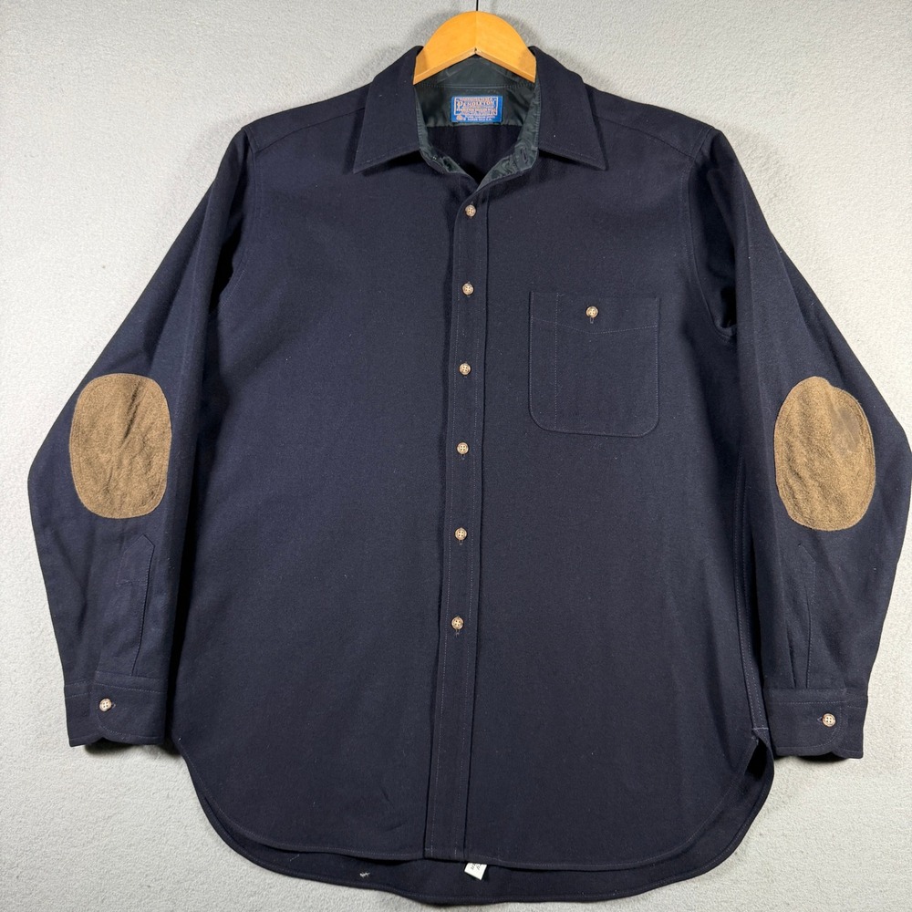 Pendleton Mens Navy Blue Virgin Wool Button Up Shirt Elbow Patches Large USA